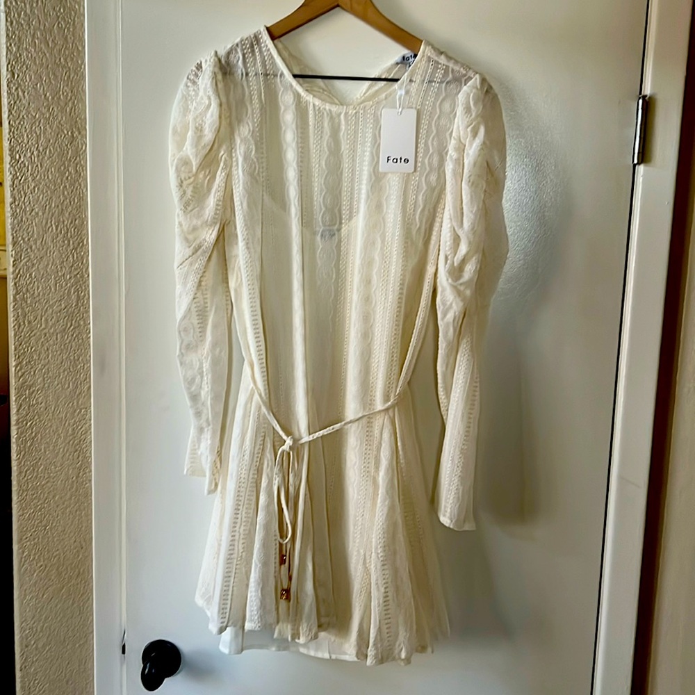 Mini dress bought from VICI. Long sleeve, off white.Tie at the waist. Never worn